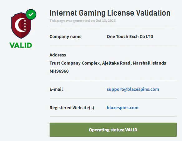 Blaze Spins Casino Anjouan gaming licence validation showing One Touch Exch Co Ltd and valid operating status