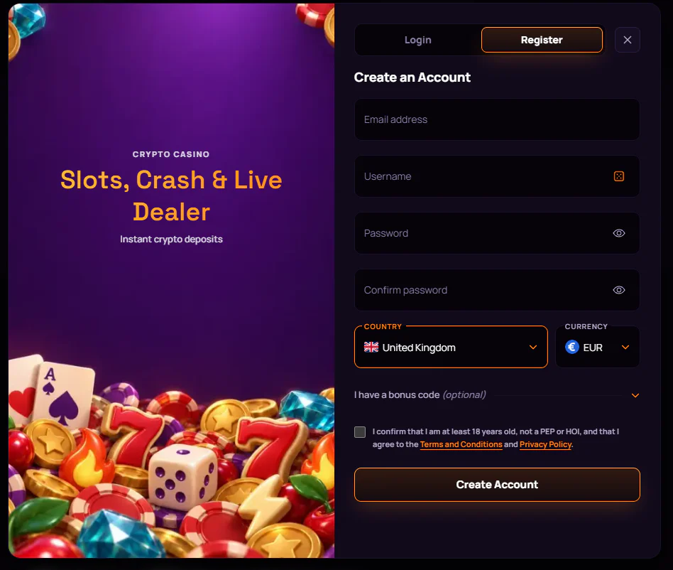 Blaze Spins Casino registration form with email, username, password, country, currency and optional bonus code