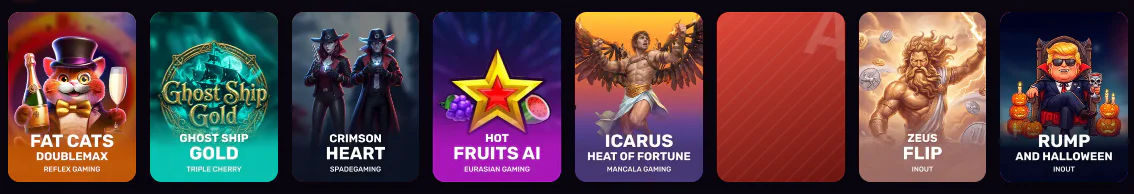 Blaze Spins Casino slot games including Fat Cats DoubleMax, Ghost Ship Gold, Crimson Heart, Hot Fruits AI, Icarus Heat of Fortune, Zeus Flip and Rump and Halloween