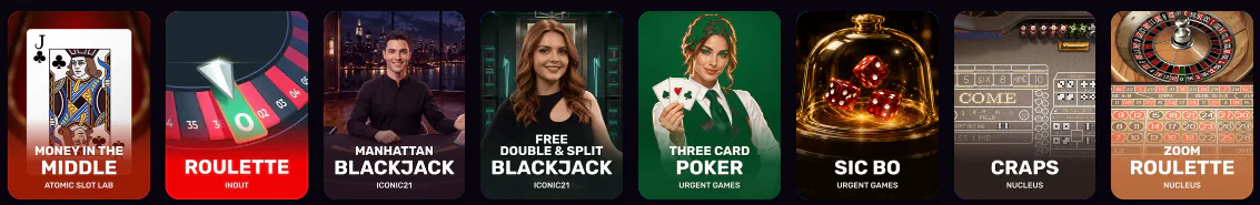 Blaze Spins Casino table games including Money in the Middle, Roulette, Manhattan Blackjack, Free & Split Blackjack, Three Card Poker, Sic Bo, Craps and Zoom Roulette