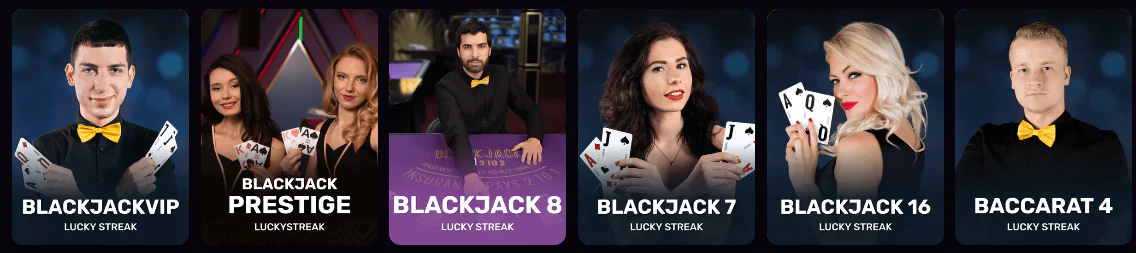 BlazeSpins Casino Live-Blackjack und Baccarat von LuckyStreak mit Blackjack VIP, Blackjack Prestige, Blackjack 8, Blackjack 7, Blackjack 16 und Baccarat 4