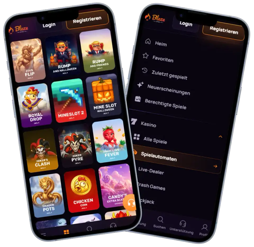 BlazeSpins Casino mobile Ansicht mit Spielautomaten und Spielkategorien auf zwei Smartphones