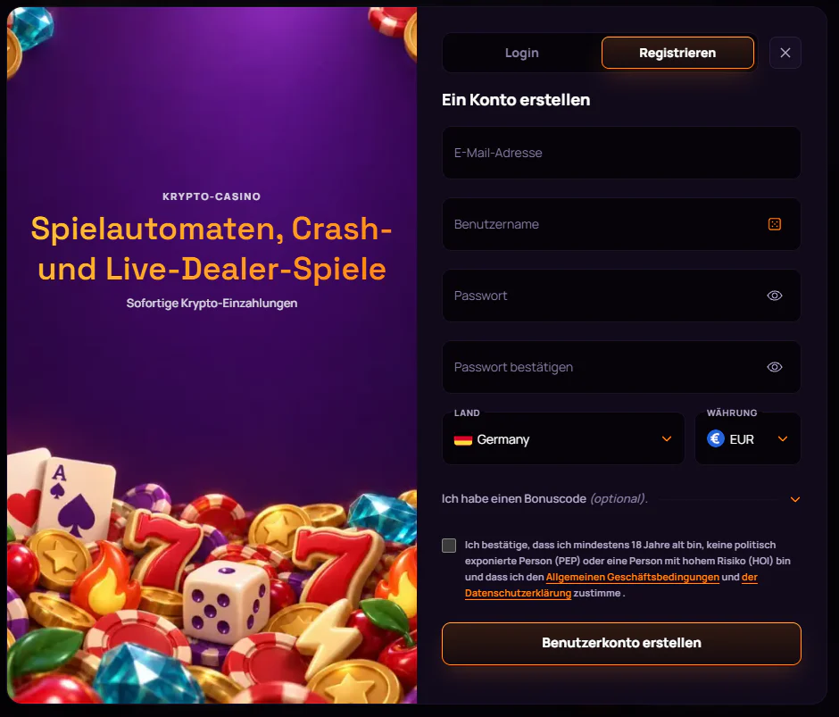 BlazeSpins Casino Registrierungsformular mit E-Mail-Adresse, Benutzername, Passwort, Länderauswahl, Währung und optionalem Bonuscode