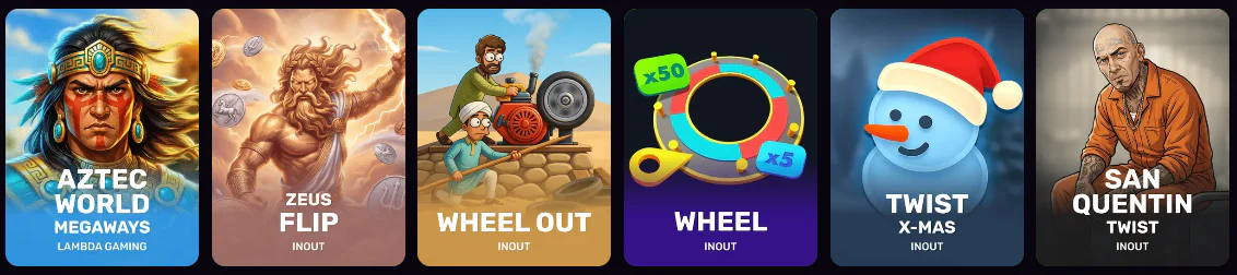 BlazeSpins Casino Spielauswahl mit Aztec World Megaways, Zeus Flip, Wheel Out, Wheel, Twist X-Mas und San Quentin Twist