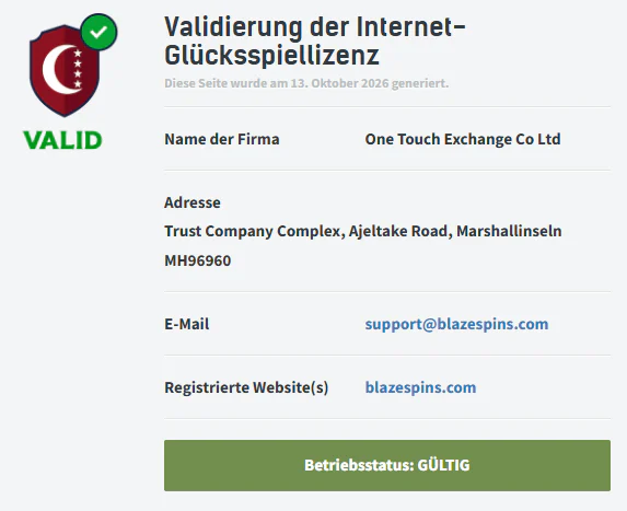 BlazeSpins Casino Validierung der Glücksspiellizenz mit gültigem Betriebsstatus und Betreiber One Touch Exchange Co Ltd